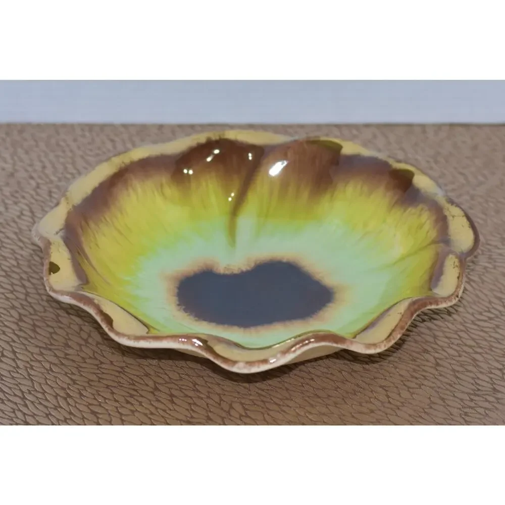 Bay Keramik West German MCM Pansy Flower Yellow Green & Gold Glaze Ceramic Bowl